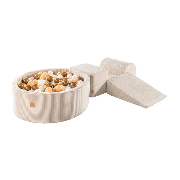 Handgemaakte speelset met ballenbak – Ecru met witte parel, beige & goud