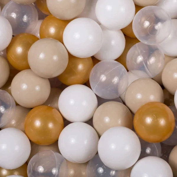 Handgemaakte ballenbak 90x30cm – Wit Bouclé met 200 gouden, beige, witte & transparante ballen - Afbeelding 2